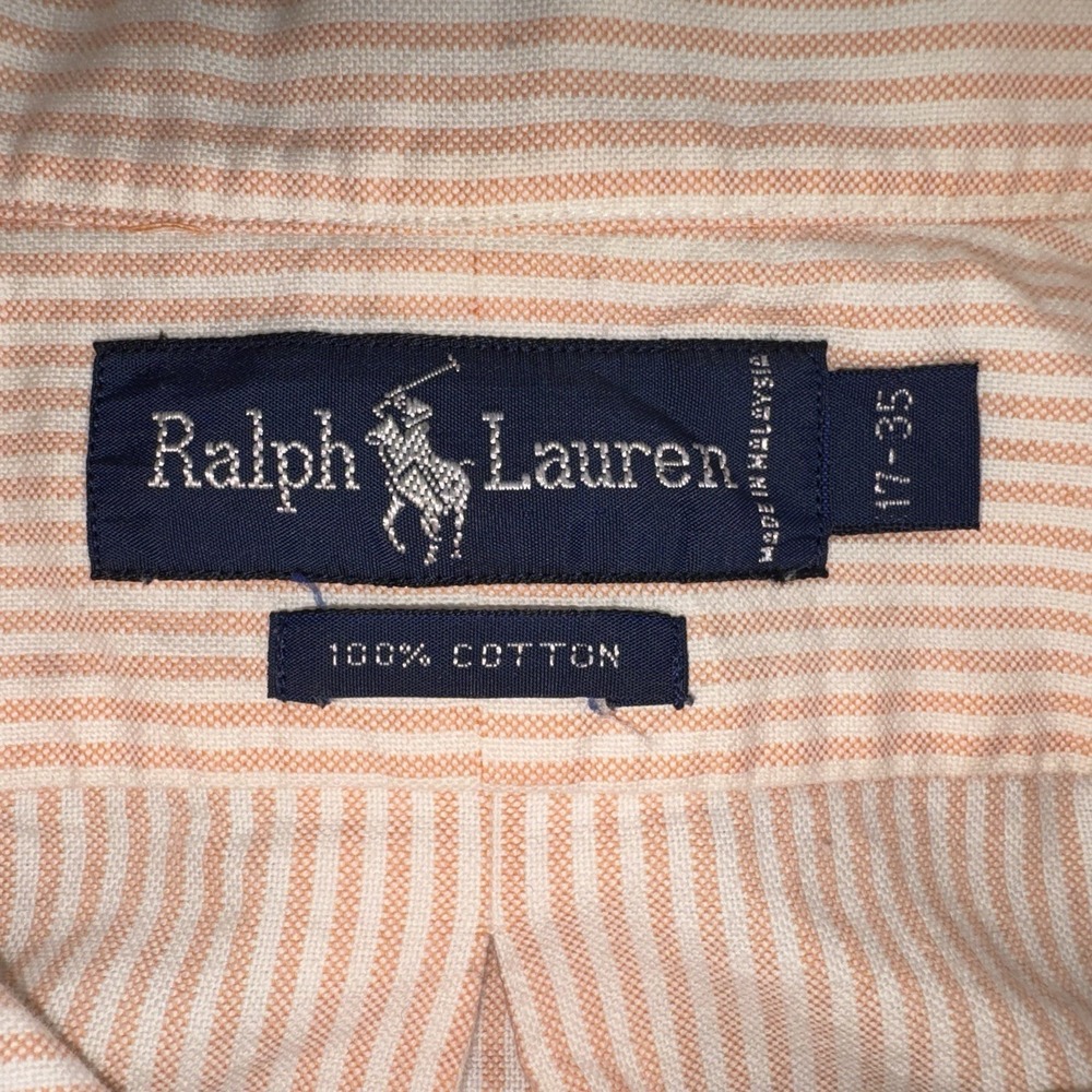 Ralph Lauren Shirt Men 17-35 Orange Striped Flesh Pony Long Sleeve Button Down